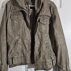 Woman XL Faux Leather Hooded Jacket.Taupe With 4 Pockets Streetwear.